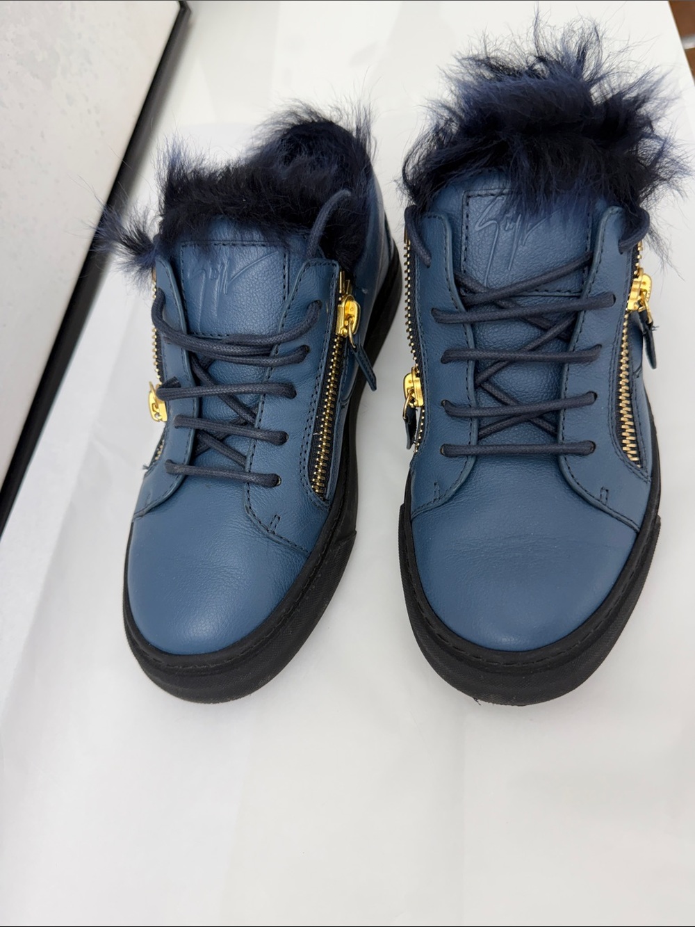 Giuseppe Zanotti Navy Blue Leather natural Fur-fully lined Sneakers
